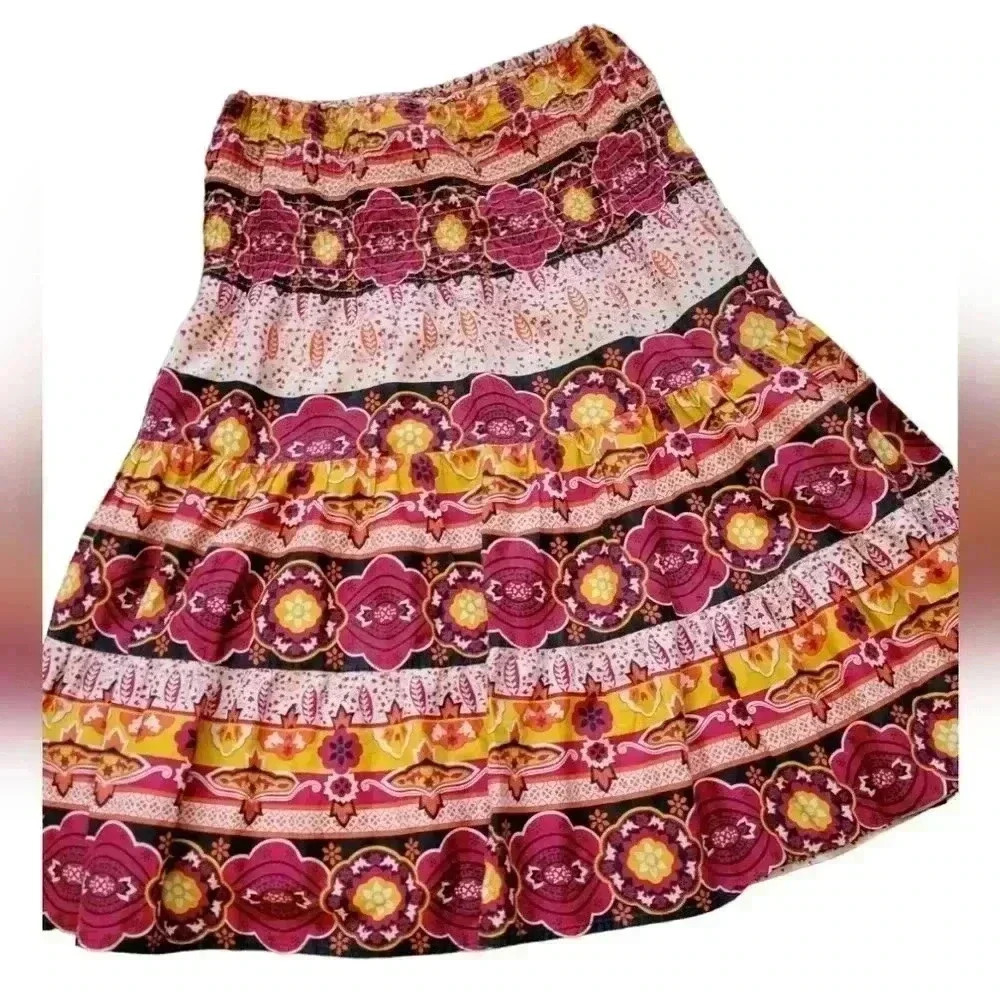 Mimi maternity boho print midi Flowy Tiered skirt Size medium